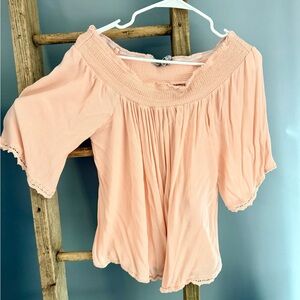 Absolutely Famous Peach Off-the-Shoulder Smocked Peasant Top